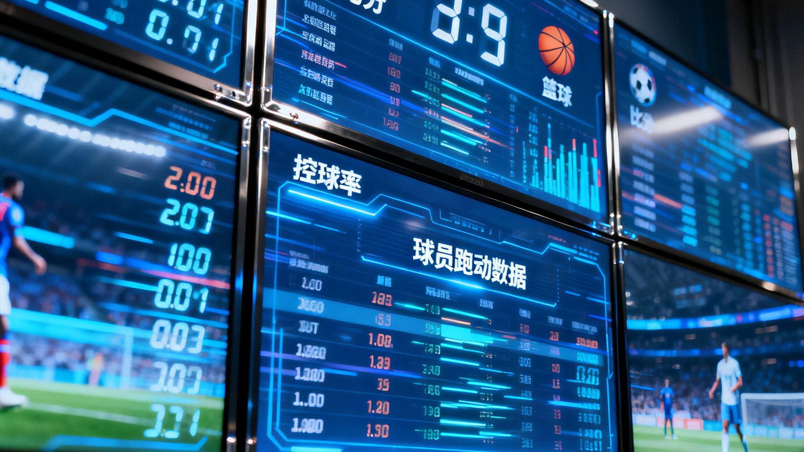 多块液晶屏幕组成的体育数据监控墙，实时滚动显示足球、篮球赛事的比分、控球率和球员跑动数据，画面充满科技感与动态数字流